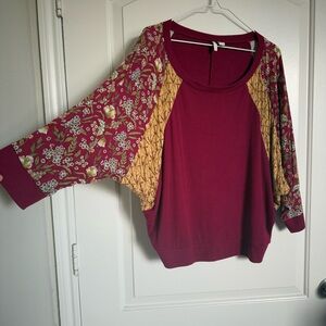 Cato Burgundy Top with Patterned Sleeves